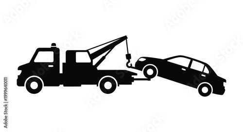 Tow truck lifting a damaged car roadside assistance vehicle in black silhouette high quality professional detailed modern elegant stylish clean crisp
