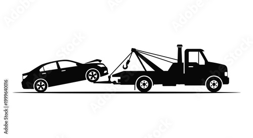 Tow truck hauling a damaged car side view black and white silhouette high quality professional detailed modern elegant stylish clean crisp