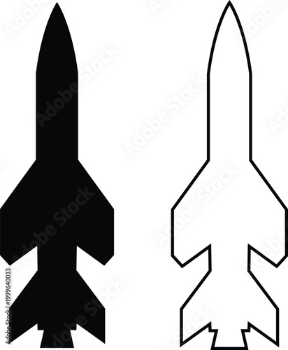 Rocket missile space launch vehicle icon set collection group in black flat and line style featuring rocket, missile, spacecraft, booster, launch synonym elements for aerospace, military and technolog