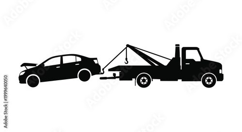 Tow truck hauling damaged car roadside assistance vehicle black and white silhouette high quality professional detailed modern elegant stylish clean crisp