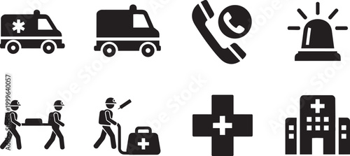 Medical Icons, Emergency Symbols, Healthcare Signs, Black Vector Graphics