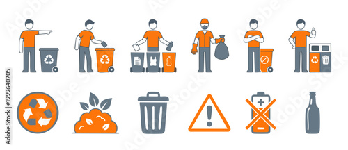 Waste Sorting Recycling Icon Set, People Segregating Trash and Garbage Disposal Symbols for Environmental Sustainability Infographics, Flat Vector Illustration Graphics for Eco-Friendly Waste Manageme