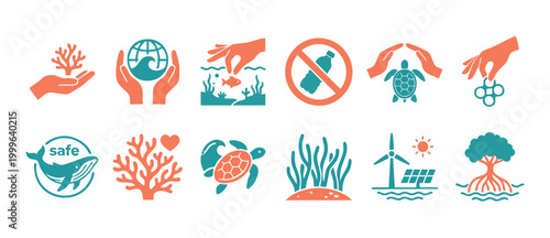 Environmental Protection Icons Set for Sustainability and Ocean Conservation. Eco-friendly flat vector symbols featuring marine life, renewable energy, and plastic pollution reduction for green campai