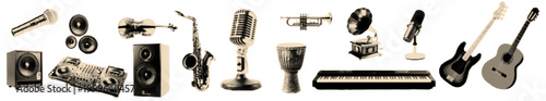 Musical instruments  halftone cutout set. Pop art mix media collage elements.