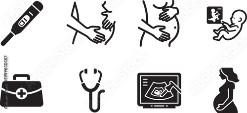 Pregnancy, maternity icons, prenatal care symbols, medical illustrations, healthcare signs