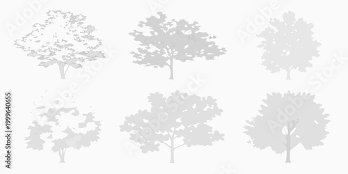 Gray tone tree and shrub silhouettes set of seven elements