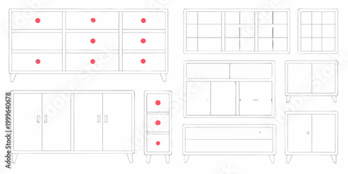 Mid century modern furniture outlines ten piece set on white background