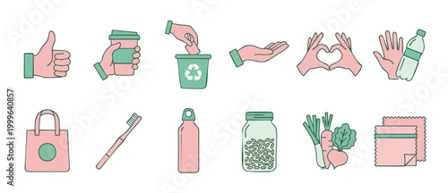 Sustainability icons set zero waste lifestyle eco friendly habits and recycling elements, minimalist flat vector illustration showing eco conscious choices, sustainable living concept, isolated on whi