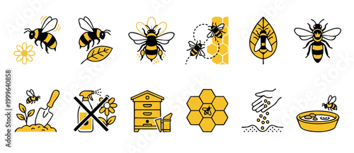 Bee Icons Set Vector Collection, Honey Bee Symbols for Beekeeping and Garden Pollination Concept, Minimalist Line Art Style for Eco Friendly Agriculture and Sustainable Farming Design Elements