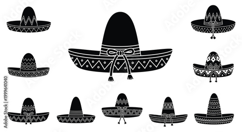 Collection of traditional mexican sombreros in black silhouette high quality professional detailed modern elegant stylish clean crisp vibrant colorful digital creative