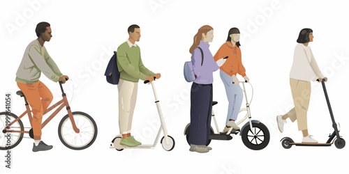 five people using urban mobility vehicles vector illustration