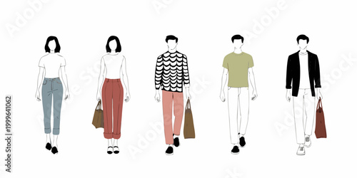 six pedestrians in mixed styles on white background