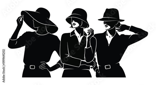 Three fashionable women in hats and elegant outfits black and white silhouette high quality professional detailed modern stylish clean crisp vibrant