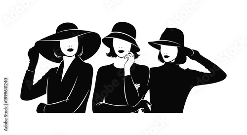 Three fashionable women wearing hats elegant black silhouette high quality professional detailed modern stylish clean crisp vibrant colorful digital creative innovative