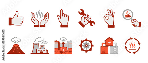 Geothermal Energy Icon Set, Renewable Heat Power Symbols for Sustainability and Green Technology Concepts, Professional Flat Vector Illustrations for Industrial Engineering and Eco-friendly Infrastruc