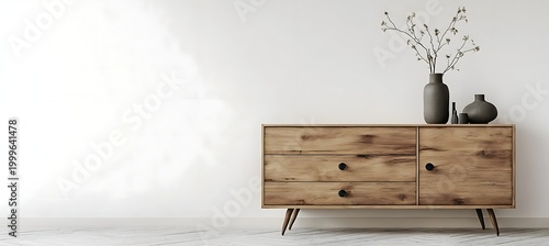 stylish wooden dresser with vases on top