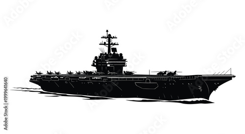 Aircraft carrier ship silhouette with fighter jets on deck black and white isolated on white background silhouette high quality professional detailed