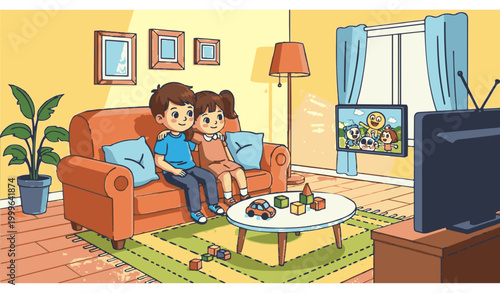 Kids Watching TV Cartoon Illustration