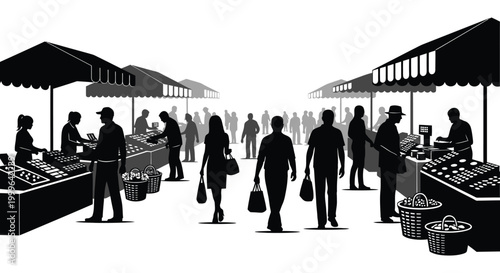 farmers market scene with people and stalls in black and white silhouette high quality professional detailed modern elegant stylish clean crisp