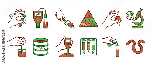 Soil Testing and Analysis Icons Set, Agricultural Science Research Equipment for Gardening and Farming, Vector Illustrations of Laboratory Tools for Evaluating Nutrient Content and Earth Composition H