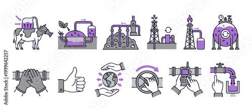 Biogas production process icons set, sustainable energy technology, methane capture from livestock and industrial waste management infographic, renewable power generation flat line vector illustration