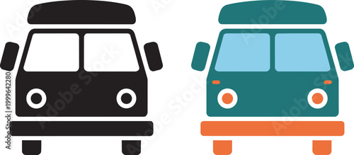 Stylized vintage van illustrations with flat design and contrasting colors isolated on white with teal