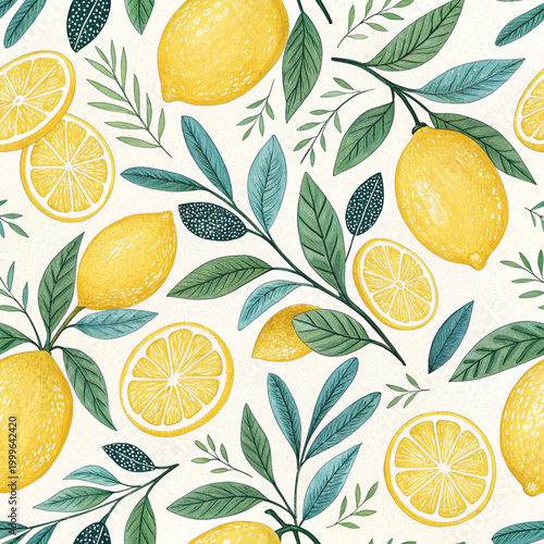 Lemon Seamless Pattern, Citrus Pattern, Summer Fruit Background, Botanical Design