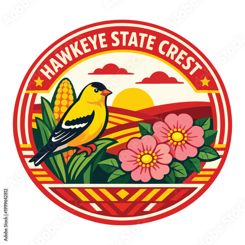 Vibrant Hawkeye State Crest emblem with bright goldfinch, blooming prairie flowers and rolling sunrise farmland, perfect midwestern nature tourism badge and regional branding design