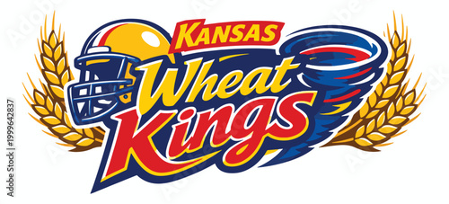 Kansas Wheat Kings emblem with shining football helmet, swirling tornado graphic and golden wheat stalks, dynamic championship logo for midwestern sports and harvest celebrations