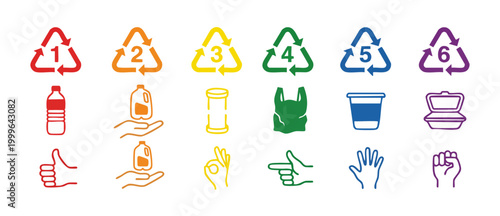 Recycling Plastic Resin Identification Codes Set, Sorting Guide with Icons and Hand Gestures for Sustainable Waste Management and Environmental Awareness for Proper Plastic Disposal and Earth Conserva