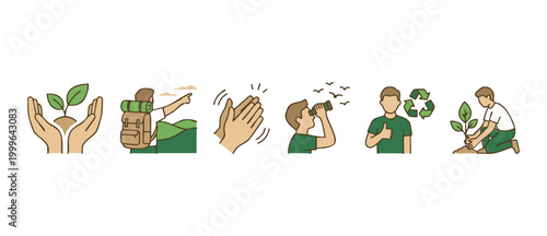 Eco Friendly Lifestyle Icons Set, Nature Conservation and Sustainability Concepts, Volunteer Activities, Hiking and Outdoor Exploration Illustrations, Simple Flat Vector Design for Environmental Proje