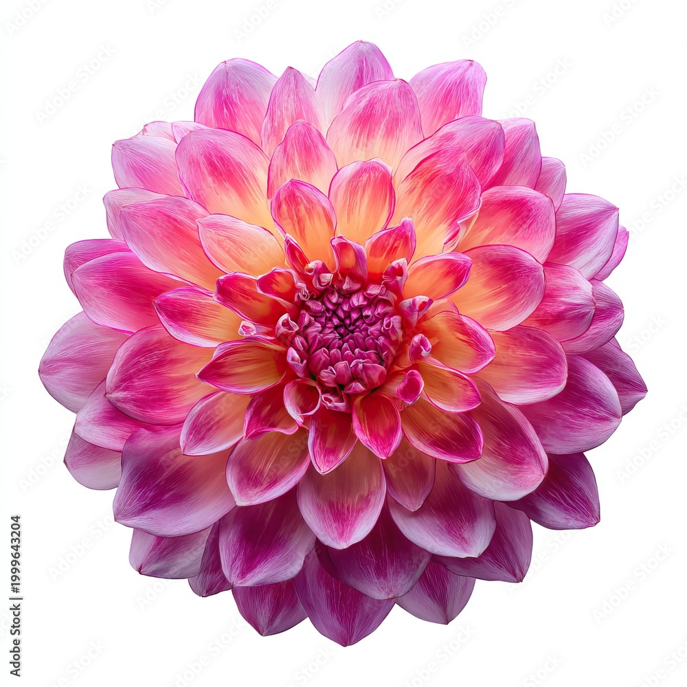 Fototapeta premium Stunning Pink and Purple Dahlia with Tightly Layered Spiral Petals Isolated on White Background. AI generated image