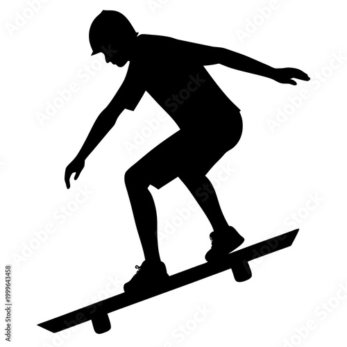 skateboarder performing trick in mid-air black silhouette on white background