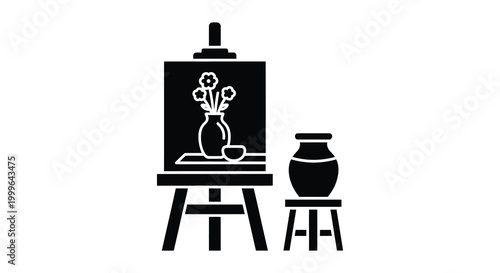 still life painting with flowers in vase on easel black silhouette high quality professional detailed modern elegant stylish clean crisp vibrant