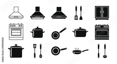 Collection of kitchenware silhouettes including pots pans and appliances black on white background silhouette high quality professional detailed modern elegant stylish