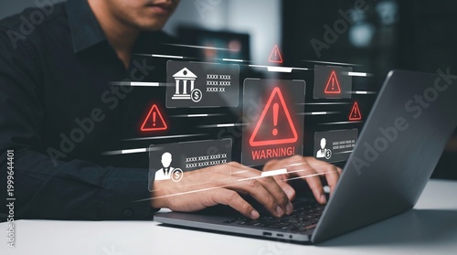 Financial fraud warning and identity theft protection on laptop. User experiencing banking security breach with alert icons for personal data hack and cyber crime prevention.