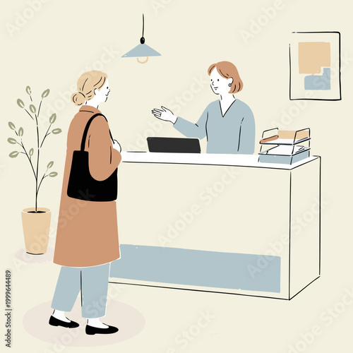 受付カウンターで相談する女性とスタッフの接客イラスト