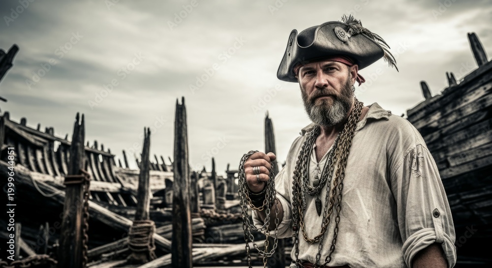 Fototapeta premium Rugged pirate captain with chains in abandoned shipyard, dramatic overcast sky, heroic adventure concept