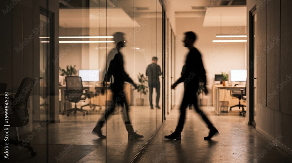 Fototapeta premium Business silhouettes walking in modern glass office corridor
