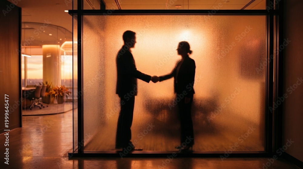 Fototapeta premium Business handshake silhouettes behind frosted glass at sunset office