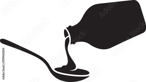 bottle pouring syrup, bottle with syrup pour in spoon, balck icon silhouette