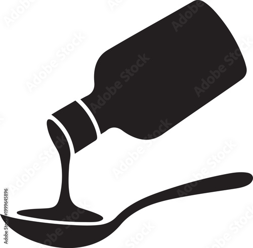 bottle pouring syrup, bottle with syrup pour in spoon, balck icon silhouette