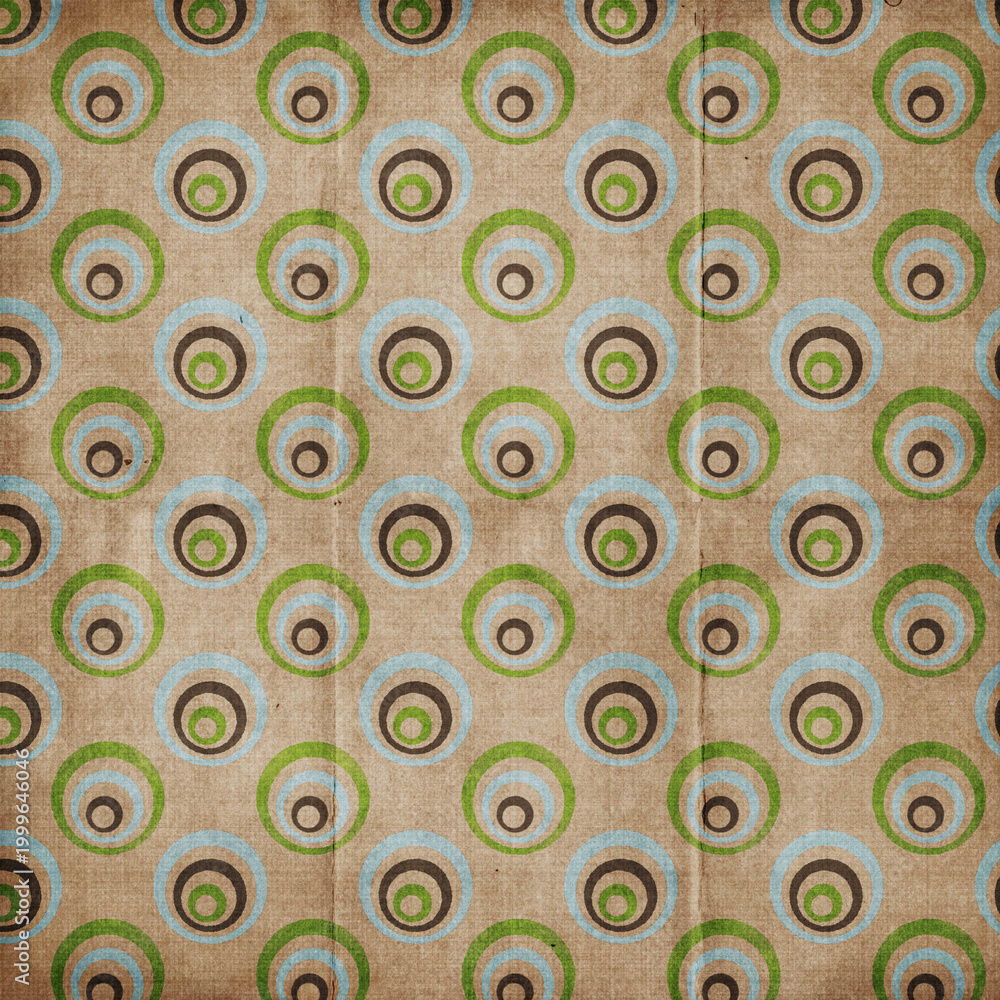 Fototapeta premium Retro concentric circle pattern on textured kraft background, earthy tones with blue and green rings, perfect for vintage design, wallpaper, and creative projects.