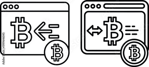 Bitcoin cryptocurrency icons with exchange arrows and browser window digital currency cryptocurrency blockchain exchange transfer illustration