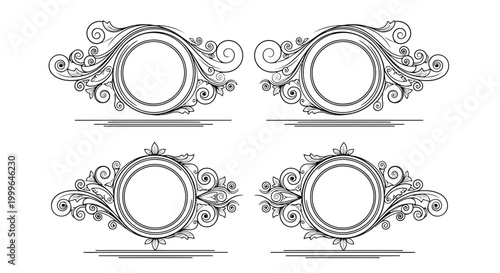 Four Ornate Circular Frames with Swirls and Filigree Designs vector illustration