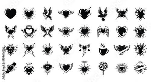 Collection of Tattoo Style Heart and Bird Icons with Wings Lightning Bolts and Flames love symbol