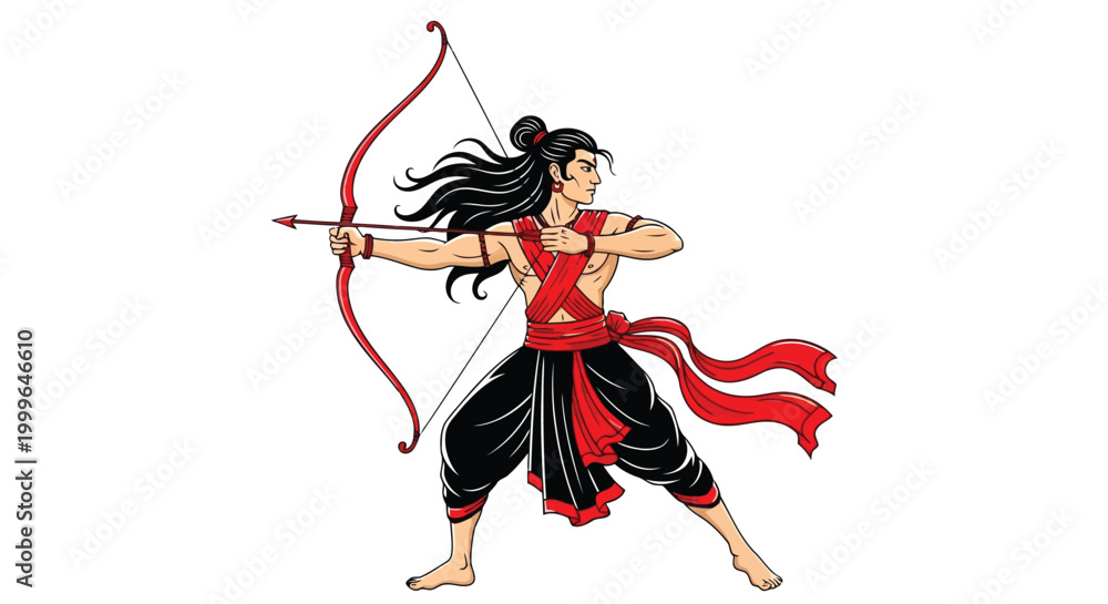 Obraz premium Warrior man with long hair aiming a bow and arrow with red sash and black pants archer