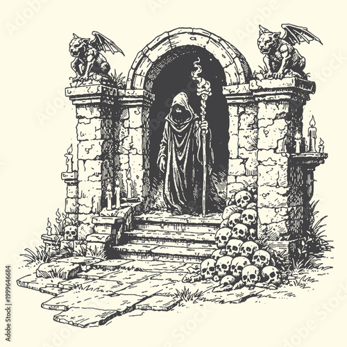 Grim reaper figure standing in an ancient arched structure with skulls in sketch style standing structure graveyard halloween illustration architecture gargoyles mysterious haunting chilling