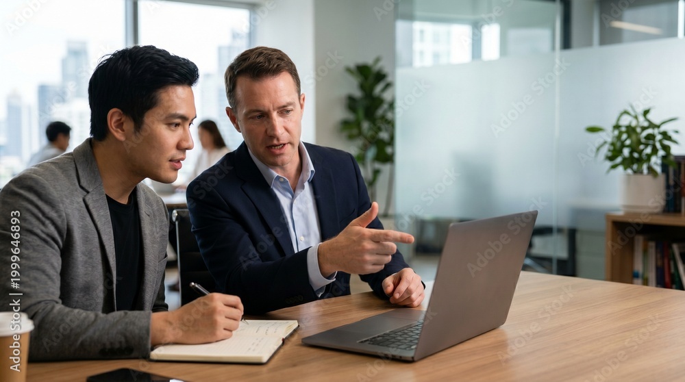 Fototapeta premium Business mentor training employee and pointing at laptop screen, executive leader coaching intern during meeting in office, professional consulting and corporate mentorship program