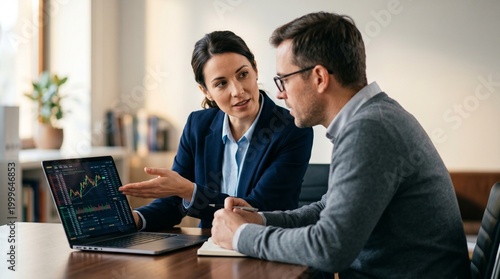 Financial advisor consulting client with stock market charts on laptop. Business woman showing investment data and professional strategy to man in modern office interior.